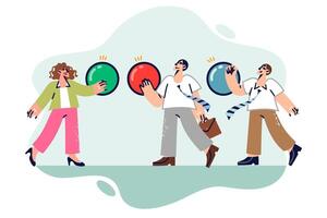 Business people click on buttons to launch startup or subscribe to interesting blog on social media vector