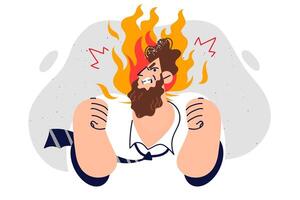 Angry business man is nervous and feeling aggressive, standing with fire over head vector
