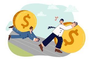 Business men are running away from inflation, trying to escape recession in form of giant coins vector