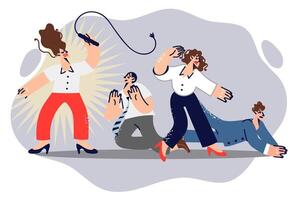 Business woman despot beats subordinates by forcing them to work beyond norm and not paying wages vector