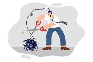 Man gets rid of psychological problems by cutting off tangled wad of thread with scissors vector
