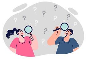 People search for answers to questions using magnifying glasses to find solutions vector