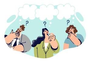 Thoughtful business people solve complex problem together, stand under dialogue clouds vector