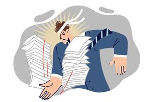 Man office employee deals with paperwork using karate and smashing stack of documents with hand vector