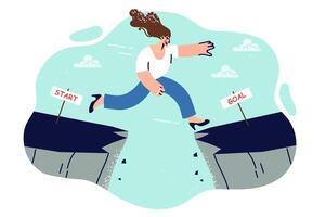 Challenge for woman leader to overcome obstacle by jumping over cliff and reaching finish line vector