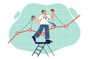 Man trader manipulates stock market and pushes chart up to deceive commission on securities prices vector