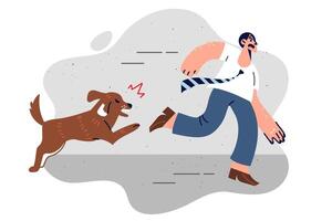 Cowardly man runs away from evil dog, escaping problems and fearing contracting rabies. vector