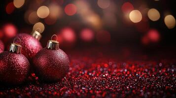Shiny red Christmas ornaments arranged on a sparkling surface during the holiday season photo