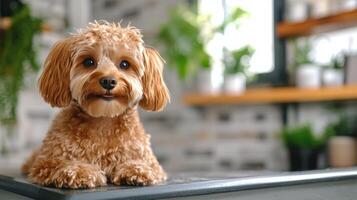 Adorable small white dog sits on pink rug in a cozy room with soft natural light photo