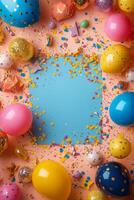 Colorful party decorations with confetti and balloons arranged on a festive background photo