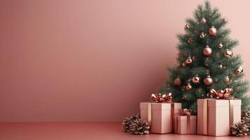 Festively decorated Christmas tree with pink ornaments and gifts on a snowy background photo