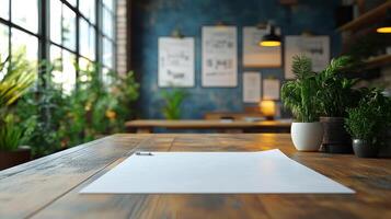 Architectural plans unrolled on the ground in a modern cityscape during early morning light photo