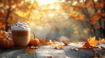 Warm autumn latte with whipped cream beside pumpkins and mountains in a cozy setting photo