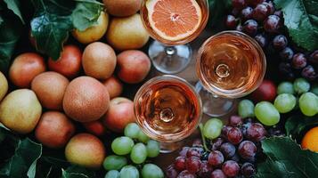 A vibrant spread of fresh fruits and beverages on a textured tablecloth during a sunny gathering photo