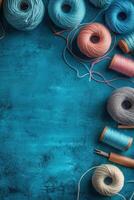 Colorful spools of yarn neatly arranged in a craft supply store showcasing vibrant textiles photo