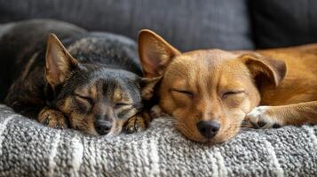 A cozy dog resting on a soft blanket in a warm indoor setting on a chilly day photo