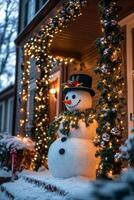 A cheerful snowman greets visitors at a warmly decorated front door during winter festivities photo