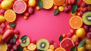 Colorful fruits arranged in a vibrant border on a pink background for a cheerful display photo