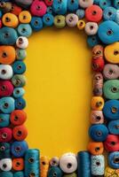 Colorful spools of yarn neatly arranged in a craft supply store showcasing vibrant textiles photo