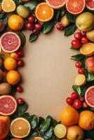 Fresh oranges, apples, and raspberries arranged artfully on a marble countertop in natural light photo