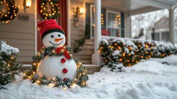 Snowman decorated with lights and garlands in a snowy front yard during the holiday season photo