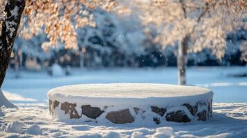 Snow-covered stone circle in a serene winter landscape during daylight photo