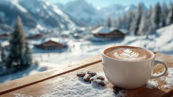 A cozy cup of coffee on a snowy winter day in a mountain lodge setting photo