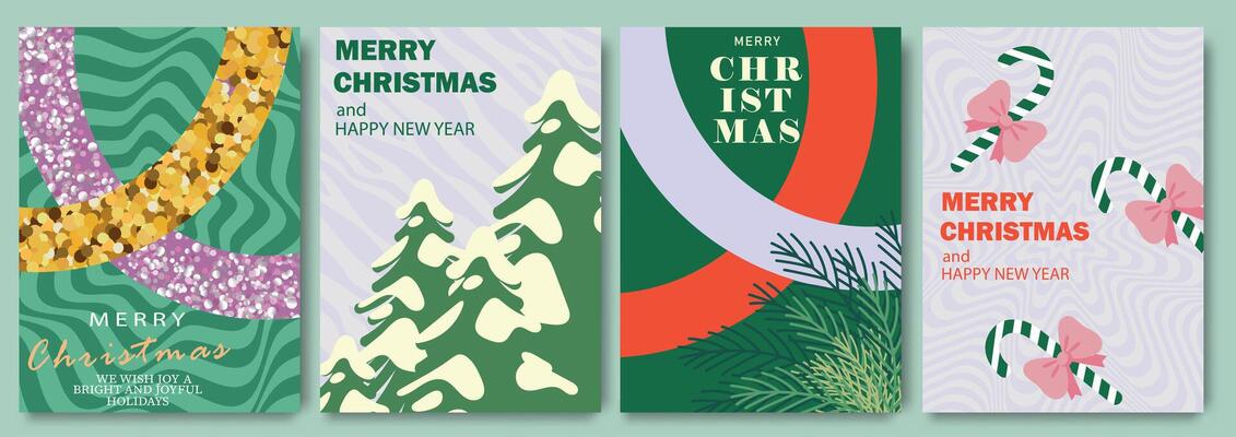 Merry Christmas and Happy New Year modern Christmas greeting card set. Xmas design with Christmas tree, candy cane, snowflake and festive typography. Minimal art banner, poster, cover template
