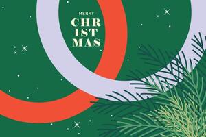 Merry Christmas and Happy New Year modern greeting card or web banner. Xmas design with abstract circular design and pine branches on a festive green background. Minimal art poster, cover template vector