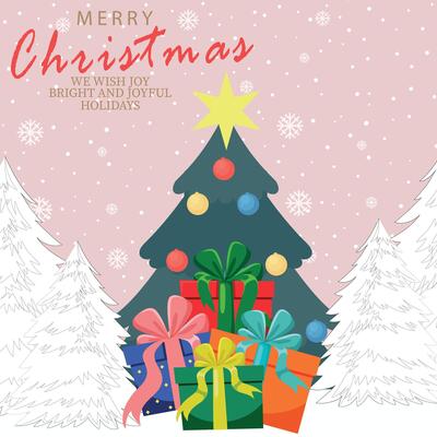 Merry Christmas greeting card with festive Christmas tree, colorful gift boxes and white snowy trees. Modern beautiful Xmas design with typography. Minimal art poster, cover template