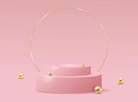 Soft pink podium platform with smooth gold ring in 3D realistic style. Elegant design with gold spheres, creates a luxurious showcase.Ideal for premium products, minimalist aesthetic, marketing. vector