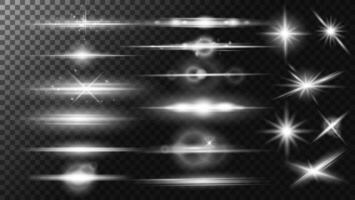 Glow white transparent light effect set different shapes. Lens Flare overlay effect, sun flare, glare, lines, stars, rays, explosion, shine, sparks. Long light burst set design elements. vector