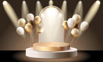 Luxury scene podium with balloons with floodlighting.Product golden podium with realistic 3d luxury style background. geometric rendering platform for product display presentation vector