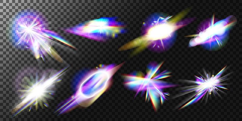 Rainbow crystal light leak flare reflection overlay effect set.Various light effects, glare, flashes, lens flare, sun rays bright iridescent diamond lights. Prism realistic light leak elements
