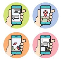 Set icons of hand holding smartphone linear icon. Smartphone gps, game, chat, app symbol. vector