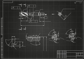 Mechanical engineering drawings on black background. Tap tools, borer. Technical Design. Cover. Blueprint. vector