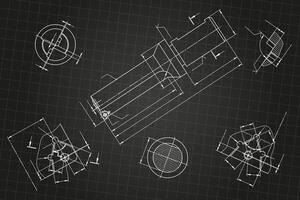 Mechanical engineering drawings on black background. Tap tools, borer. Technical Design. Cover. Blueprint. vector