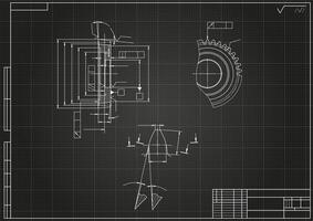 Mechanical engineering drawings on black background. Gear cutting tool. Technical Design. Cover. Blueprint. vector