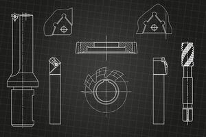 Mechanical engineering drawings on black background. Tap tools, borer, cutting tools, milling cutter. Technical Design. Cover. Blueprint. vector