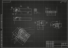 Mechanical engineering drawings on black background. Cutter, assembly tool with replaceable multi-faceted plate. Technical Design. Cover. Blueprint vector