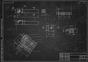 Mechanical engineering drawings on black background. Cutter, assembly tool with replaceable multi-faceted plate. Technical Design. Blueprint vector