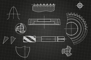 Mechanical engineering drawings on black background. Tap tools, borer, cutting tools, milling cutter. Technical Design. vector