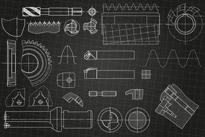 Mechanical engineering drawings on black background. Tap tools, borer, cutting tools, milling cutter. Technical Design. Cover. Blueprint. vector