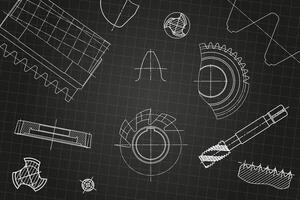 Mechanical engineering drawings on black background. Tap tools, borer, cutting tools, milling cutter. Technical Design. Cover. Blueprint vector