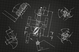 Mechanical engineering drawings on black background. Tap tools, borer. Technical Design. Blueprint. vector