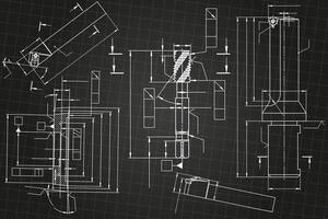 Mechanical engineering drawings on black background. Tap tools, borer, cutting tools, milling cutter. Technical Design. Cover. vector