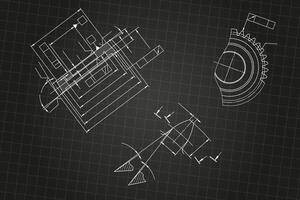 Mechanical engineering drawings on black background. Gear cutting tool. Technical Design. Blueprint. vector