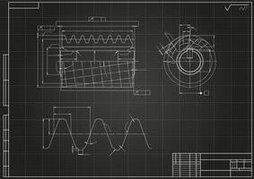 Mechanical engineering drawings on black background. Cutting tools, milling cutter. Technical Design. vector