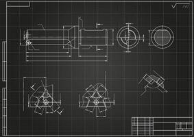 Mechanical engineering drawings on black background. Cutter, assembly tool with replaceable multi-faceted plate. Technical Design. Cover. Blueprint. vector