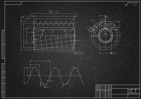 Mechanical engineering drawings on black background. Cutting tools, milling cutter. Technical Design. Cover. Blueprint.. vector